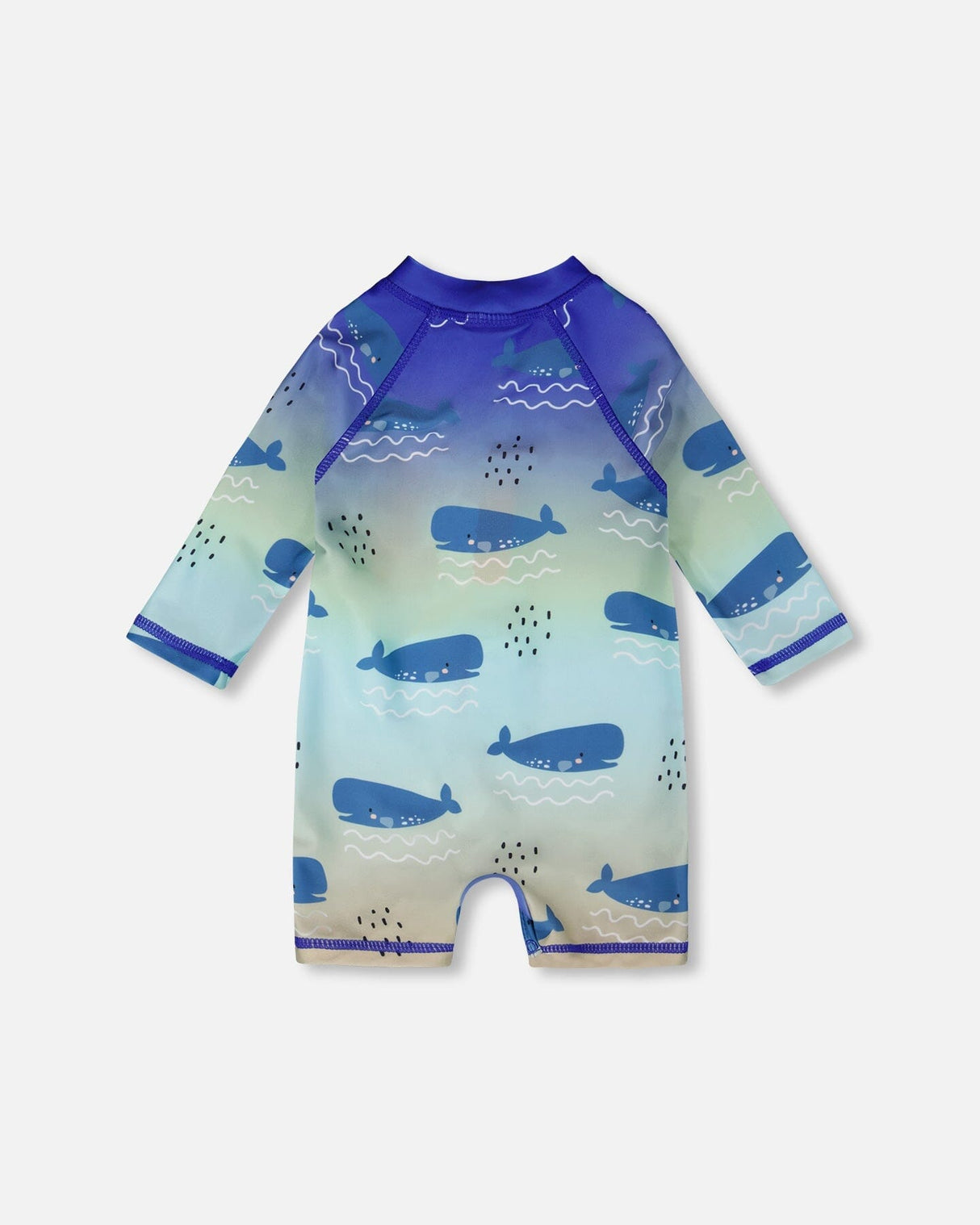 Back view of blue whale print long sleeve one-piece for baby and toddler boys