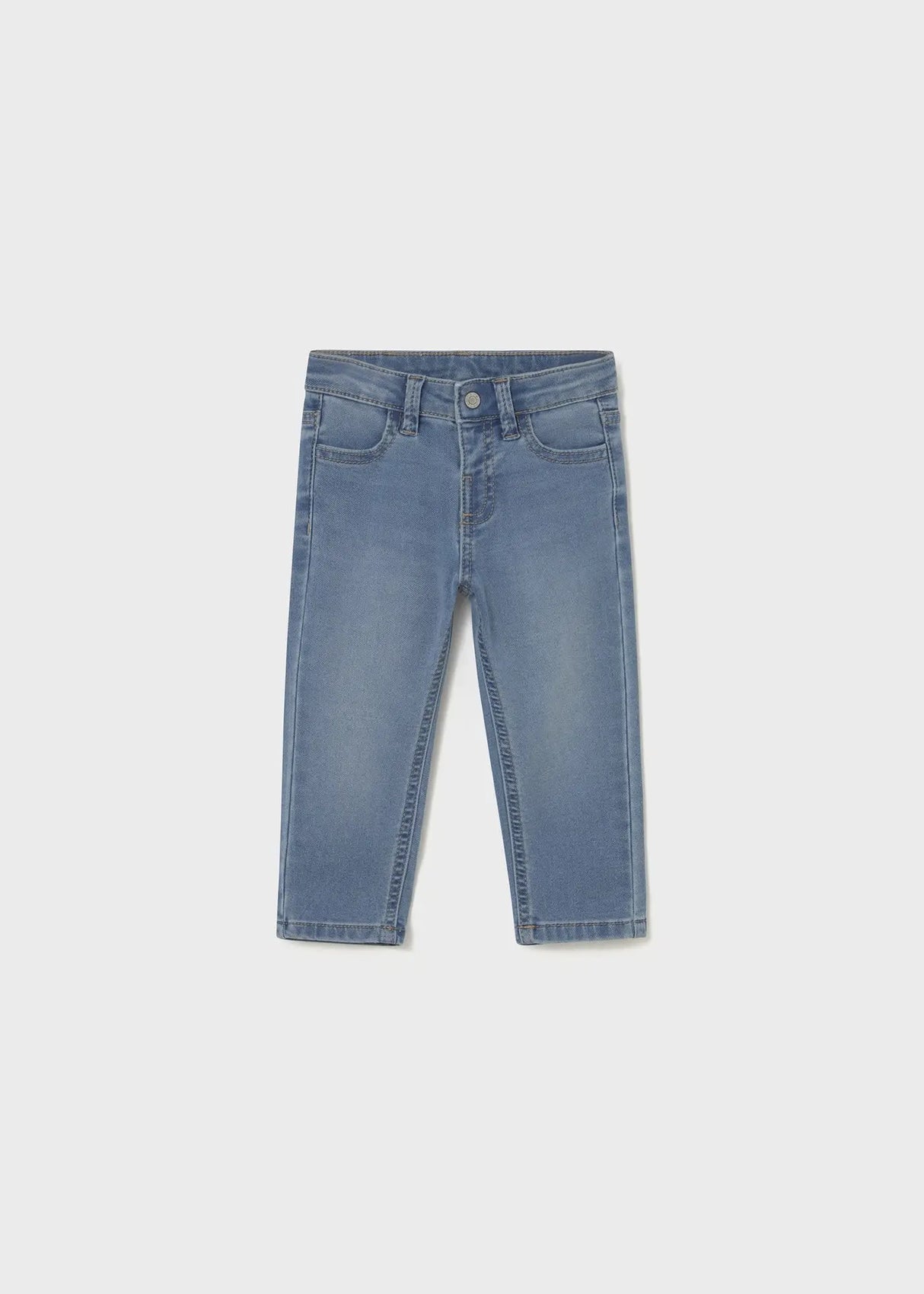 Light-wash Mayoral baby boy jeans with adjustable waistband, single button and pockets; slim-regular fit for everyday wear.