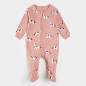Petit Lem rose pink baby footed sleeper with white royal horse print and front zipper
