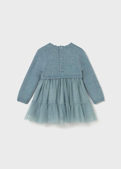 Back view of baby knit and tulle dress showing button closure and long sleeves