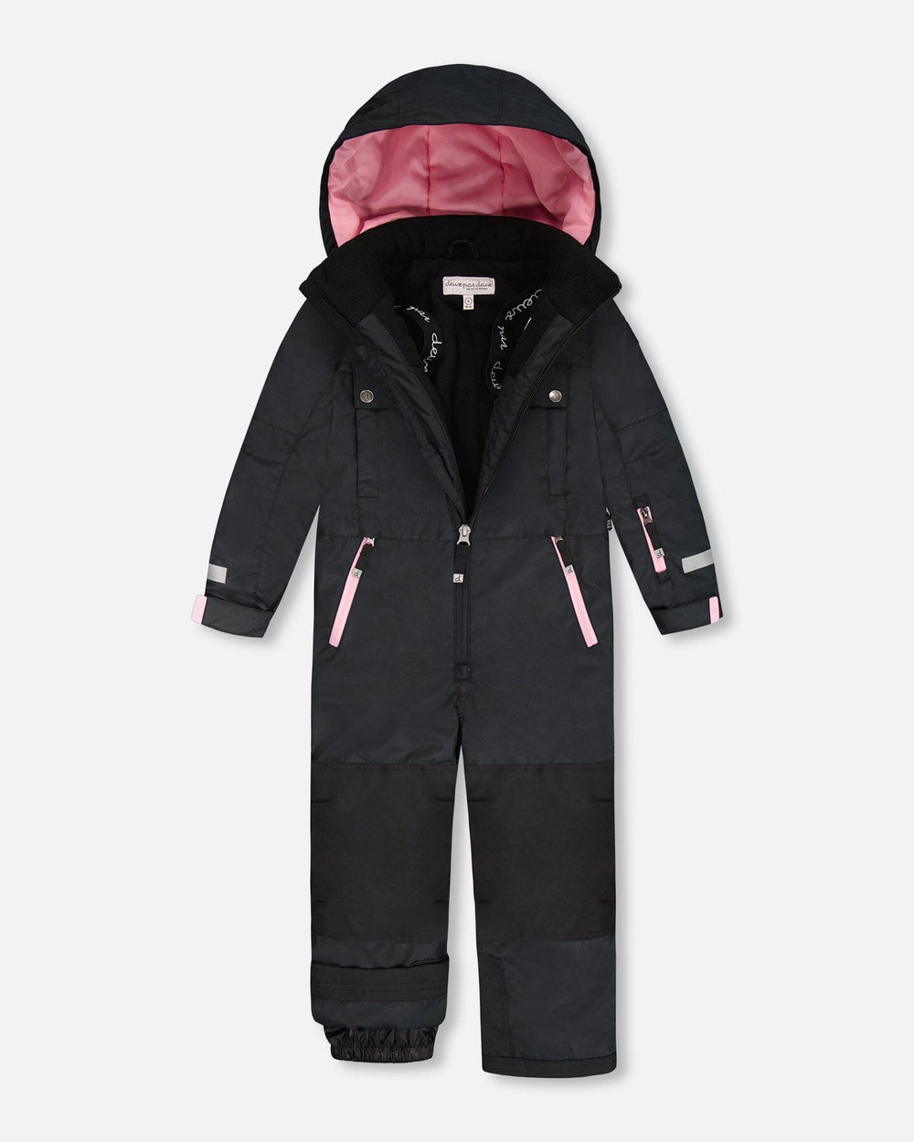 Back view of black one-piece Teknik snowsuit showing reflective piping and adjustable pant hems