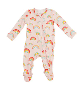 Angel Dear Pink Rainbows pale pink footie front view with ruffle-trim zipper