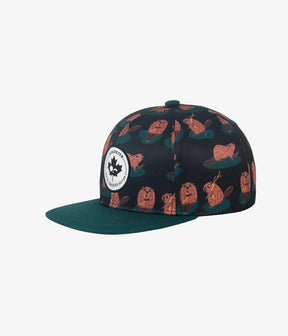 Black Beaver Tail kids snapback with orange beavers and dark green brim, angled front view