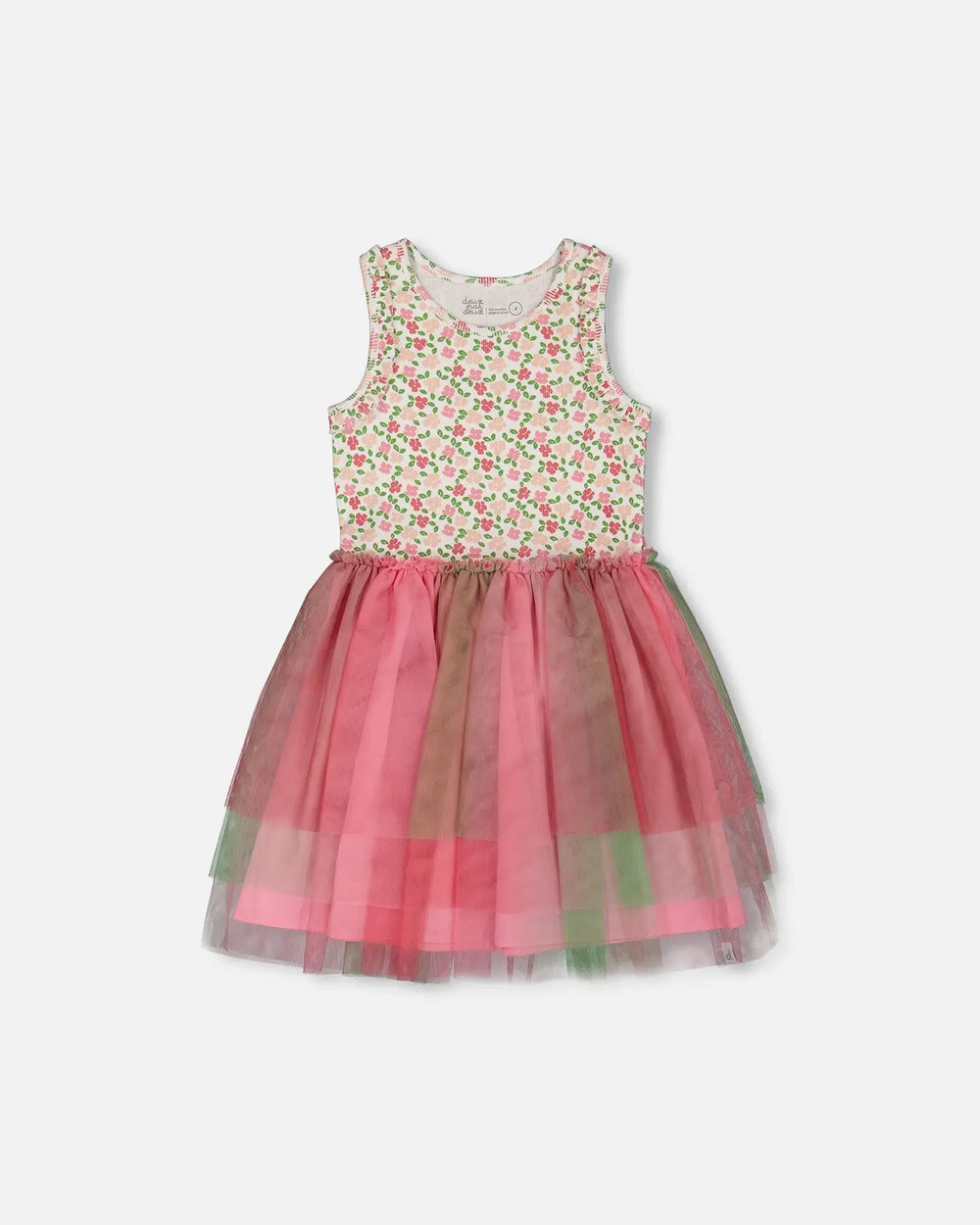 Bi-Material Cotton And Mesh Dress Small Flowers And Multicolored Gradient Skirt | Deux par Deux | Jenni Kidz