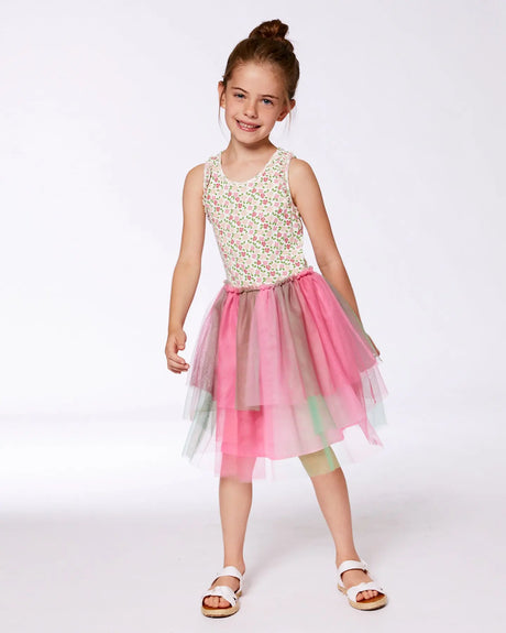 Bi-Material Cotton And Mesh Dress Small Flowers And Multicolored Gradient Skirt | Deux par Deux | Jenni Kidz
