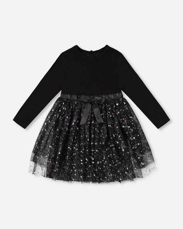 Bi-Material Dress With Glittering Tulle Skirt Black | Deux par Deux | Jenni Kidz