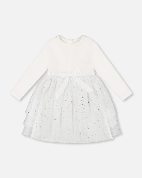 Bi-Material Dress With Glittering Tulle Skirt Off White | Deux par Deux | Jenni Kidz