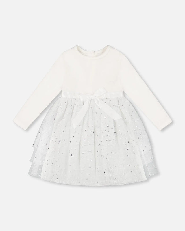 Bi-Material Dress With Glittering Tulle Skirt Off White | Deux par Deux | Jenni Kidz