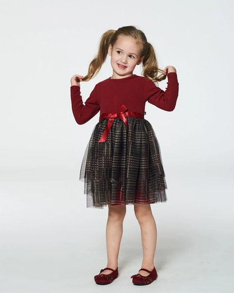 Bi-Material Dress With Glittering Tulle Skirt Red Plaid | Deux par Deux | Jenni Kidz