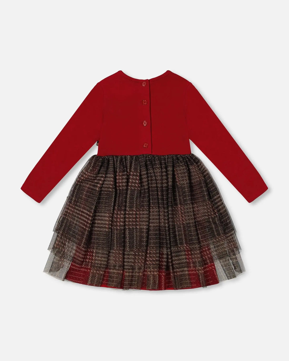 Bi-Material Dress With Glittering Tulle Skirt Red Plaid | Deux par Deux | Jenni Kidz