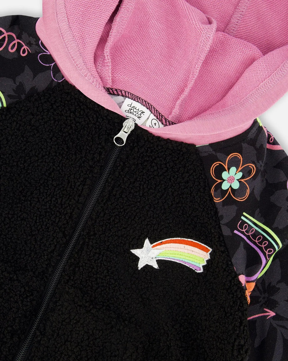 Bi-Material French Terry And Sherpa Zip Hoodie Black | Deux par Deux | Jenni Kidz