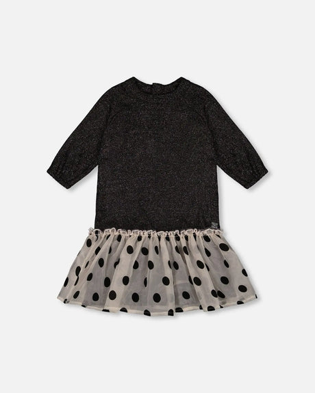 Bi-Material Long Sleeve Dress With Frill Shimmering Black | Deux par Deux | Jenni Kidz