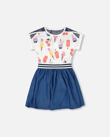 Bi-Material Organic Cotton And Chambray Dress Multicolored And Denim | Deux par Deux | Jenni Kidz