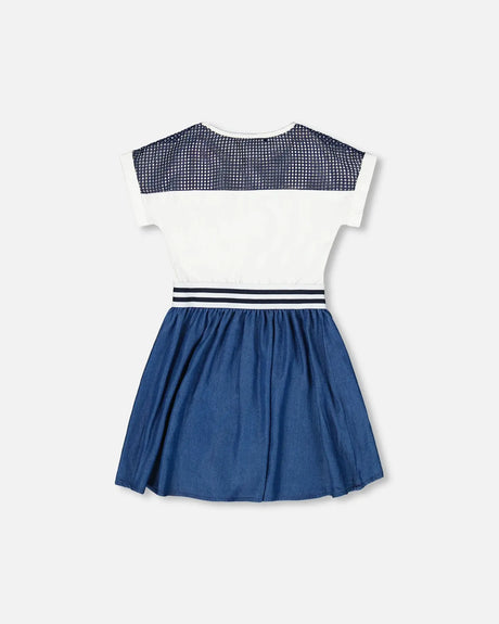 Bi-Material Organic Cotton And Chambray Dress Multicolored And Denim | Deux par Deux | Jenni Kidz