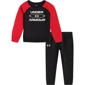 Black and red Under Armour baby boys crewneck top and pants set, front view