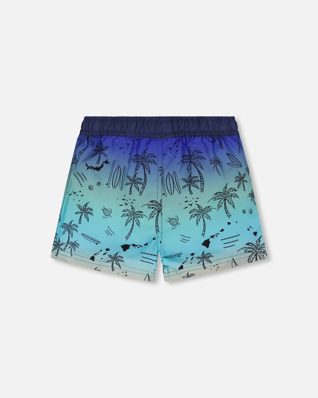 Back view of blue gradient beach print boardshorts for boys