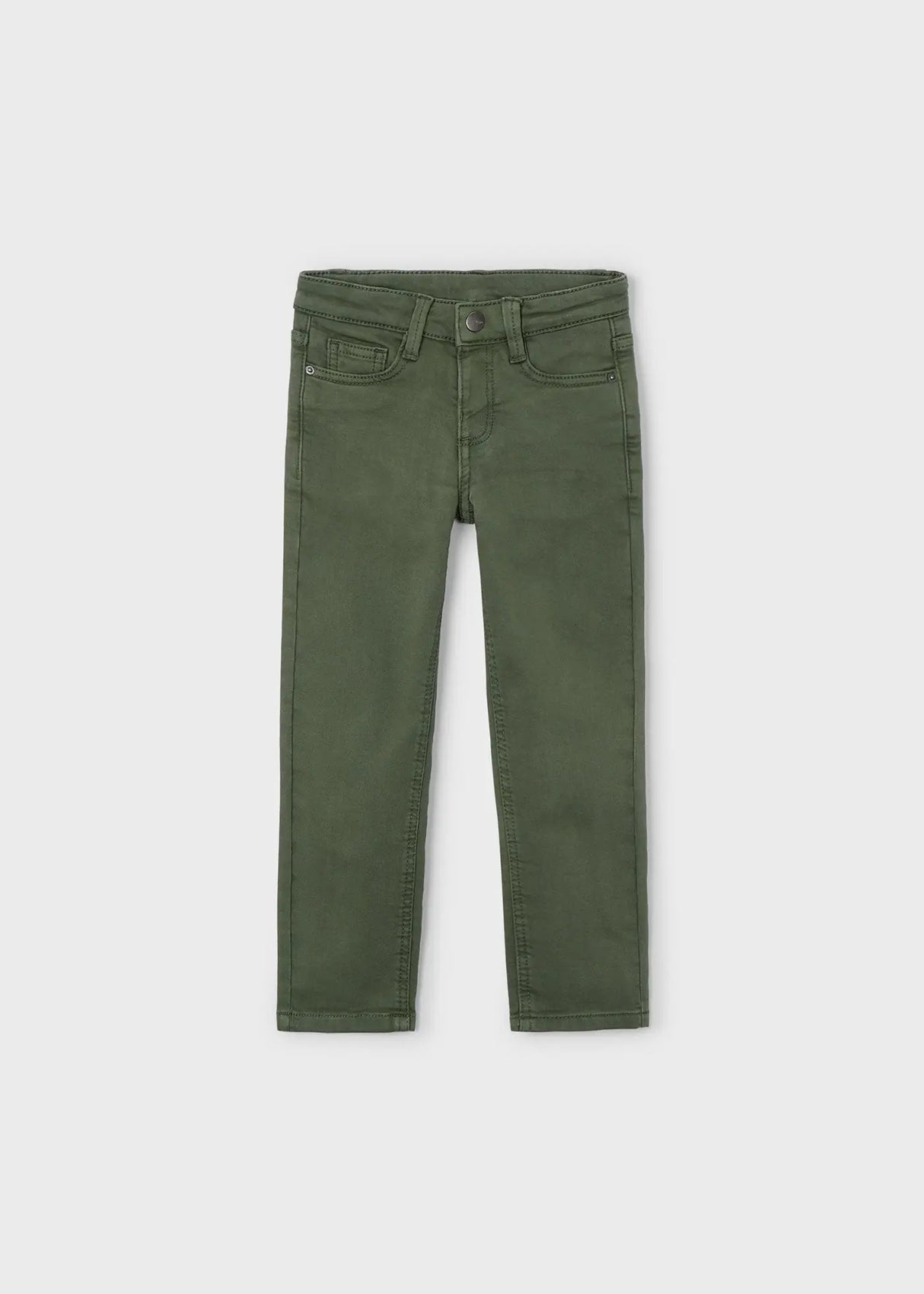Olive Mayoral boys straight-leg pants in cotton twill with adjustable waistband and front/back pockets.