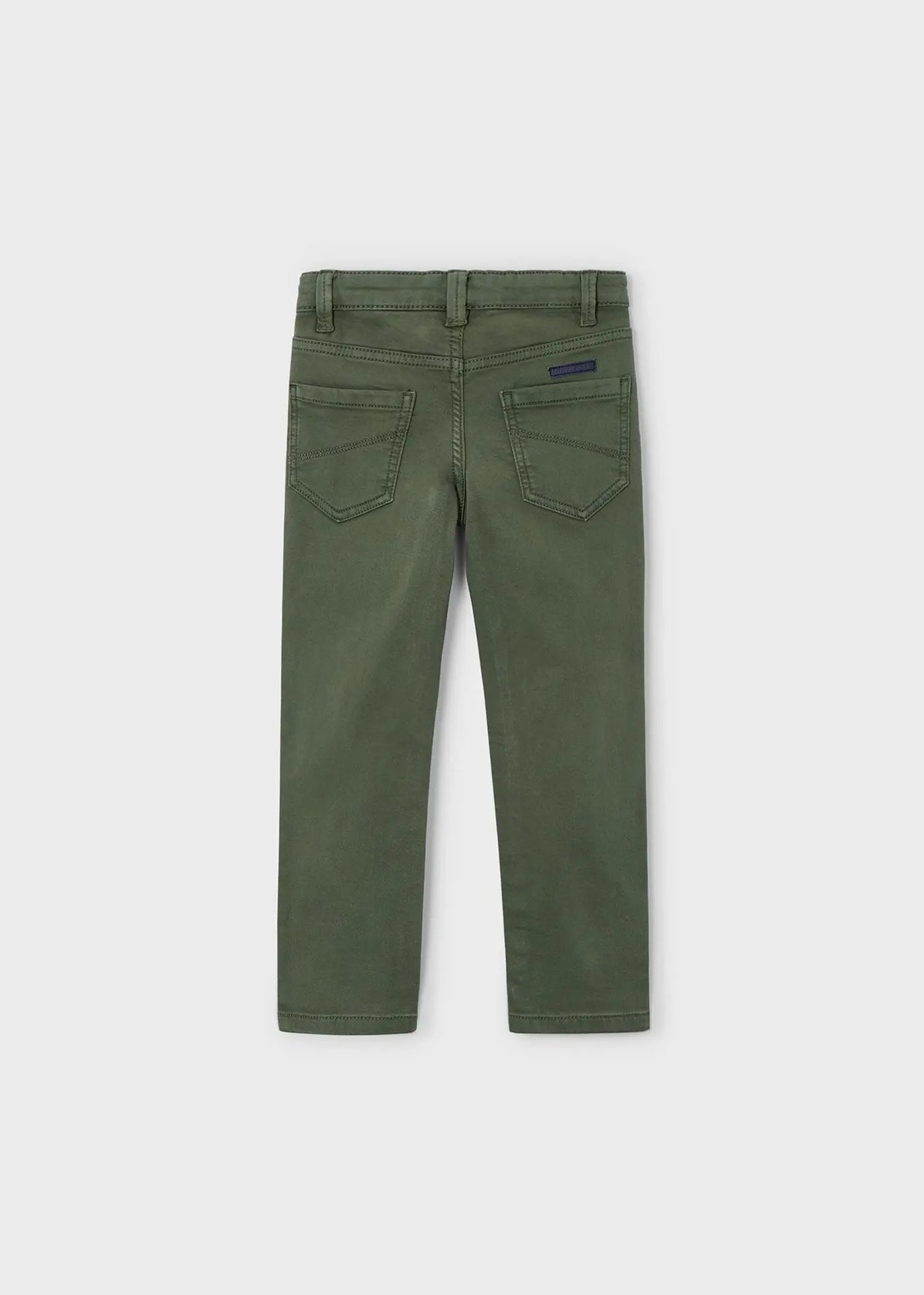 Back view of kids chinos in olive green showing pockets and regular fit.