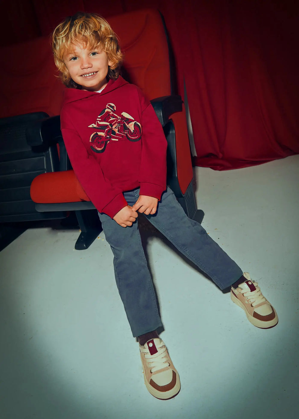 Boy wearing indigo straight-leg pants — front view, casual outfit
