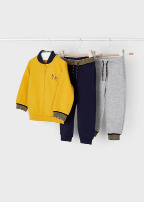 Mayoral baby boy three-piece tracksuit with yellow jacket and navy and grey joggers