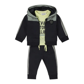 Dirkje baby boys' three-piece set with blue-green hooded cardigan, yellow slogan top and graphite joggers