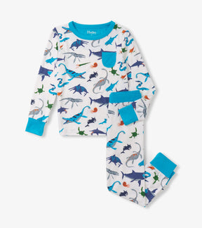 Hatley boys Prehistoric Marine bamboo pajama set with teal trim, long sleeves, and matching pants.