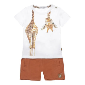 White giraffe T-shirt and rust shorts Dirkje baby boys set, front view