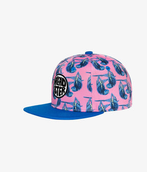 Pink Bud the Budgie kids snapback with blue birds and bright blue brim, angled front view