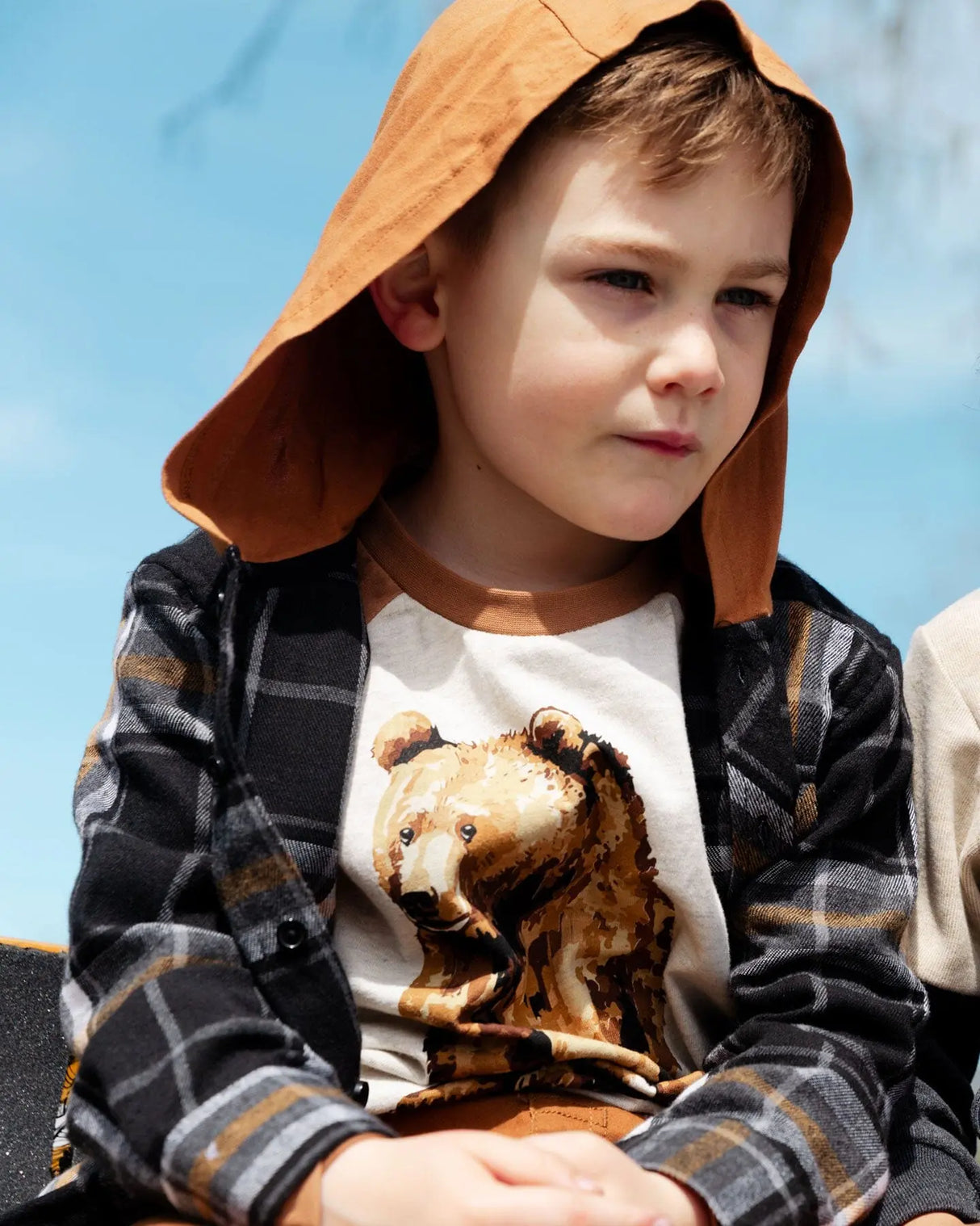 Button Down Flannel Shirt With Hood Plaid Black And Caramel | Deux par Deux | Jenni Kidz