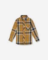 Button Down Flannel Shirt With Pocket Plaid Golden Yellow And Gray | Deux par Deux | Jenni Kidz