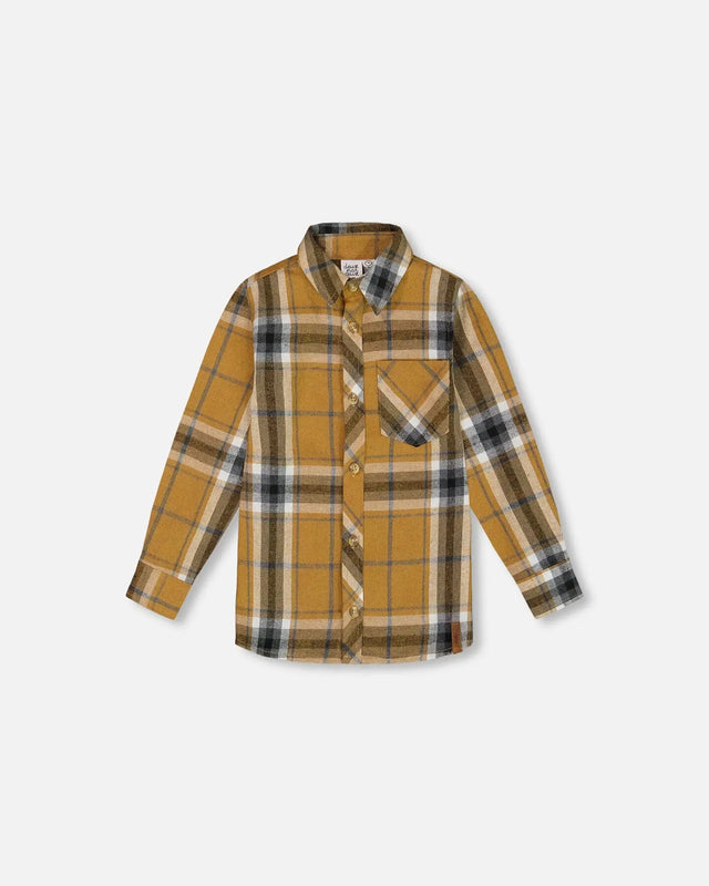 Button Down Flannel Shirt With Pocket Plaid Golden Yellow And Gray | Deux par Deux | Jenni Kidz