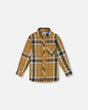 Button Down Flannel Shirt With Pocket Plaid Golden Yellow And Gray | Deux par Deux | Jenni Kidz