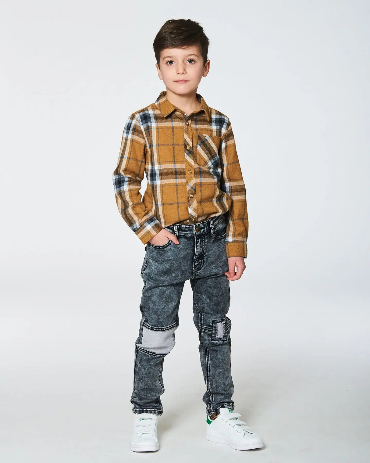 Button Down Flannel Shirt With Pocket Plaid Golden Yellow And Gray | Deux par Deux | Jenni Kidz