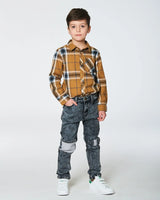 Button Down Flannel Shirt With Pocket Plaid Golden Yellow And Gray | Deux par Deux | Jenni Kidz