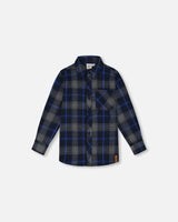 Button Down Flannel Shirt With Pocket Plaid Navy And Gray | Deux par Deux | Jenni Kidz