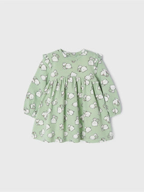 Front view of sage-green Mayoral baby girl dress with all-over white cat print