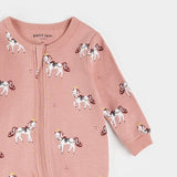Close-up of royal horses print and two-way zipper on organic cotton baby sleeper