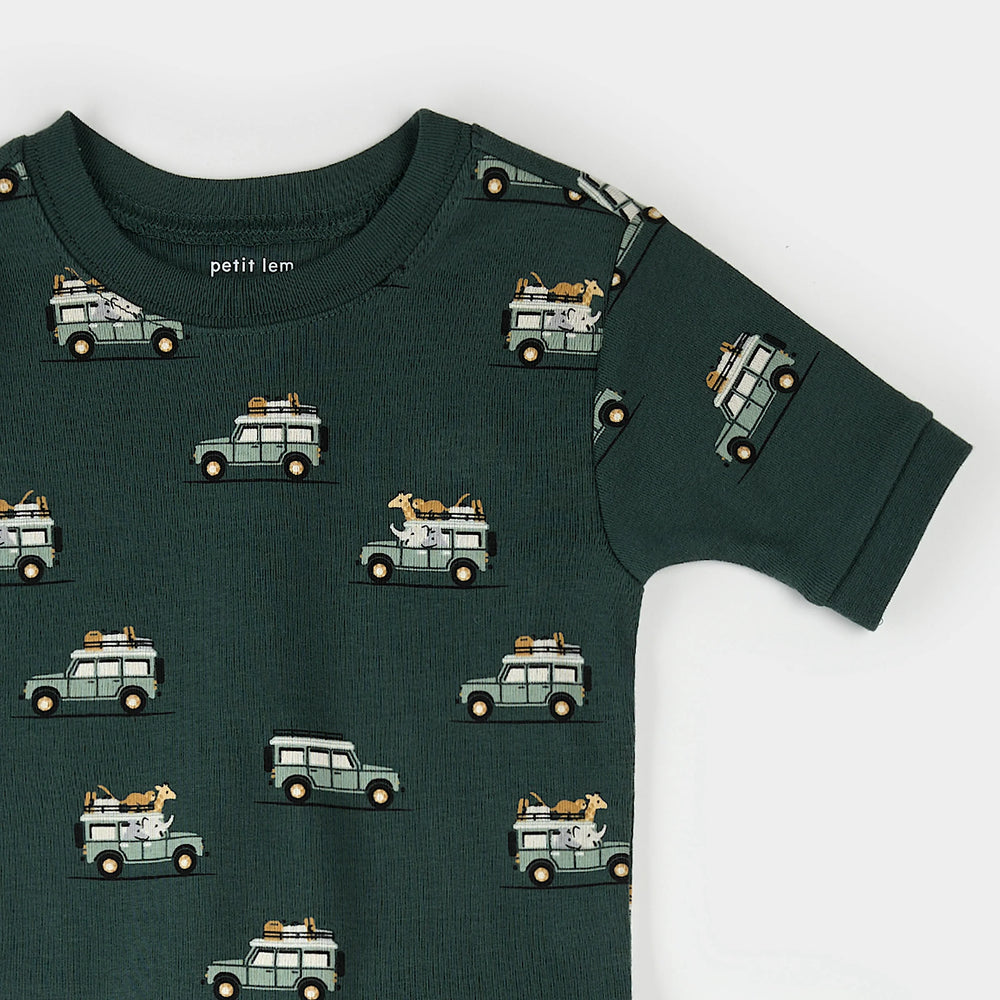 Close-up of safari jeep print on organic cotton kids summer sleep set