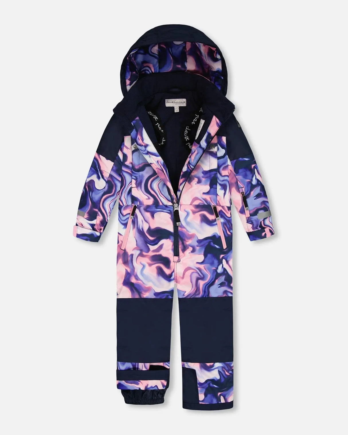 Close-up of the detachable, helmet-friendly hood with soft fleece lining — pink & blue marble print