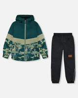 Colorblock Printed Two-Piece Mid-Season Outerwear Set Forest Green With Black Pines | Deux par Deux | Jenni Kidz