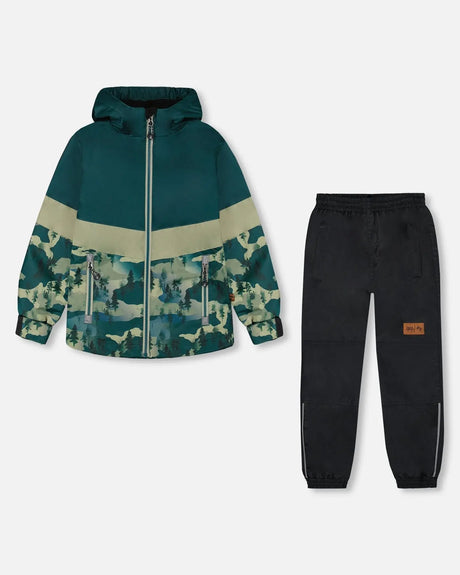 Colorblock Printed Two-Piece Mid-Season Outerwear Set Forest Green With Black Pines | Deux par Deux | Jenni Kidz