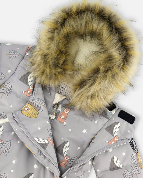 Cordura-reinforced panels and durable stitching on baby boys gray bear winter snowsuit