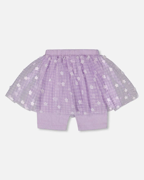 Crinkle Biker Short With Flower Mesh Skirt Lilac With White Flowers | Deux par Deux | Jenni Kidz