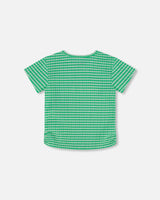 Crinkle Jersey Top With Flower Applique Vichy Green | Deux par Deux | Jenni Kidz