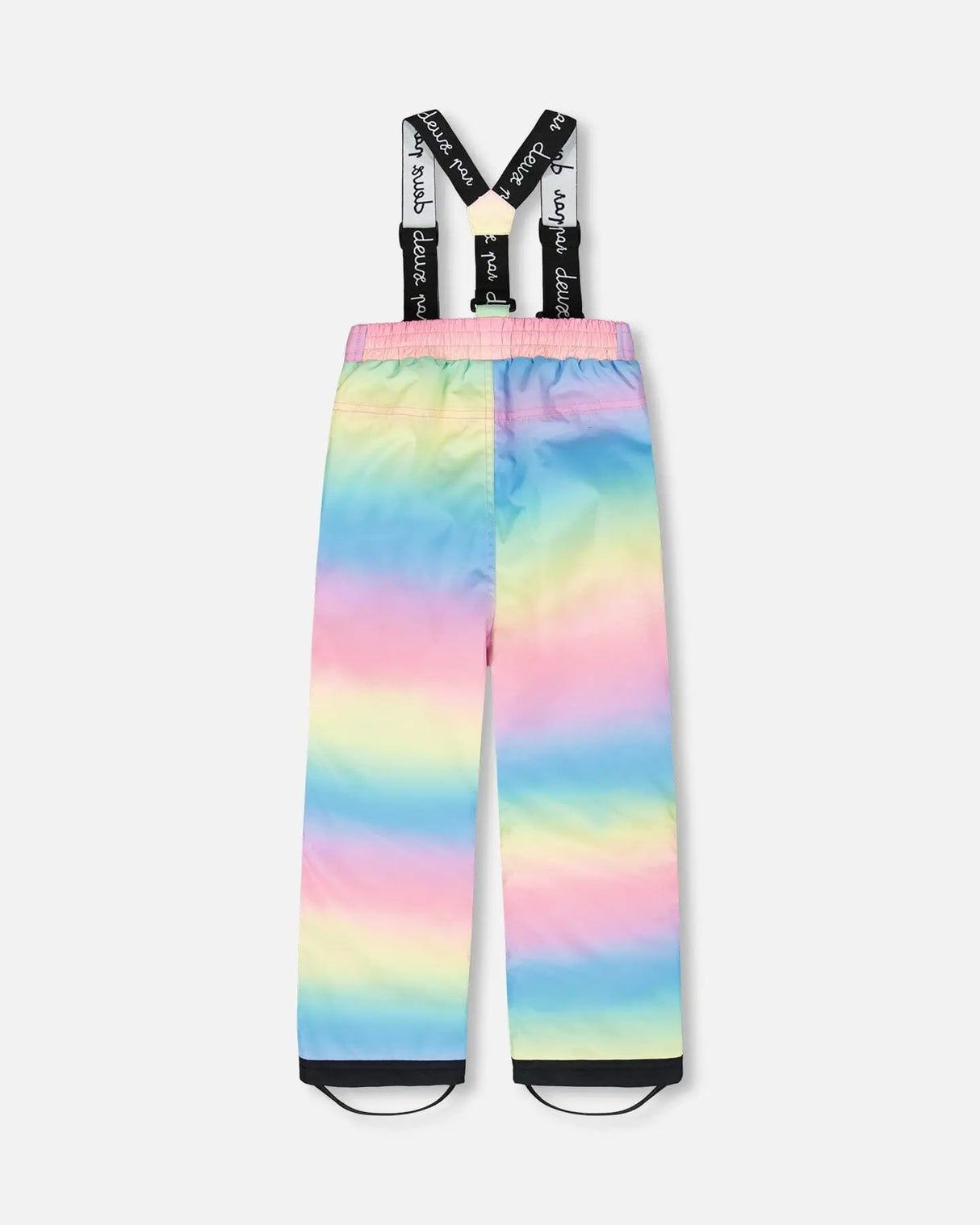 Detail of waterproof rainbow gradient print on Deux par Deux snowsuit jacket