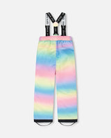 Detail of waterproof rainbow gradient print on Deux par Deux snowsuit jacket