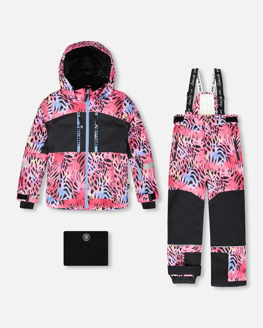 Deux par Deux TEKNIK multicolor leopard & zebra snowsuit – jacket and pants set front view