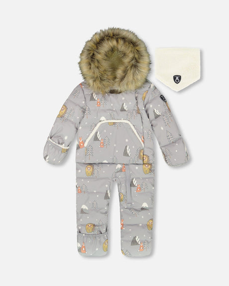 Deux par Deux baby boys one-piece snowsuit in gray bear print, car-seat safe, insulated and waterproof for winter