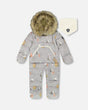 Deux par Deux baby boys one-piece snowsuit in gray bear print, car-seat safe, insulated and waterproof for winter