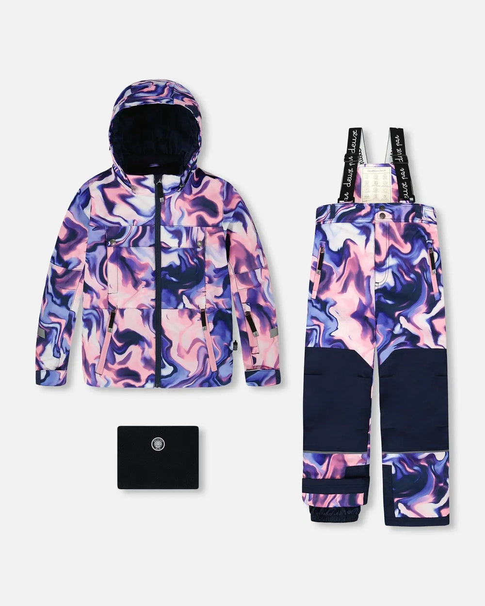 Deux par Deux two-piece Teknik snowsuit pink and blue marble – jacket and bib pants with accessories